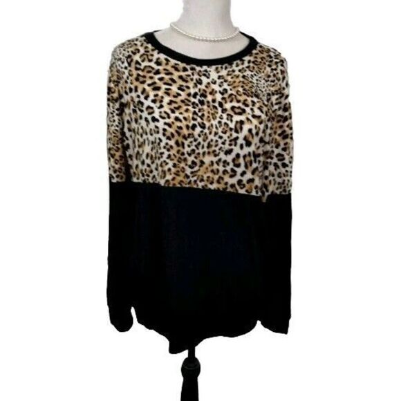 Womens XL Pullover Top Black Leopard Print Long Sleeve Crew Neck - Picture 1 of 5